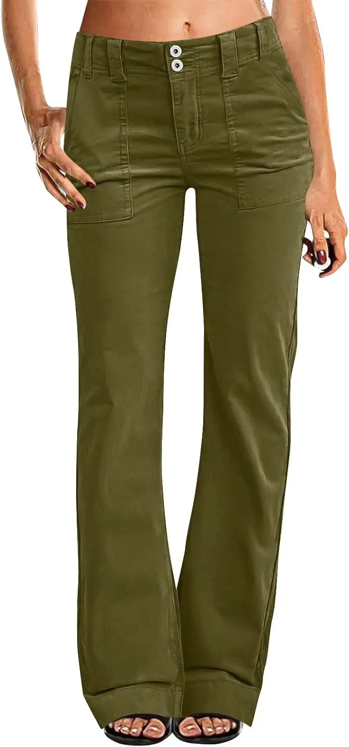 Women Stretch Twill Wide Leg Pants Casual Straight Leg Chino Pants High Waisted Dressy Flare Pants with Pockets
