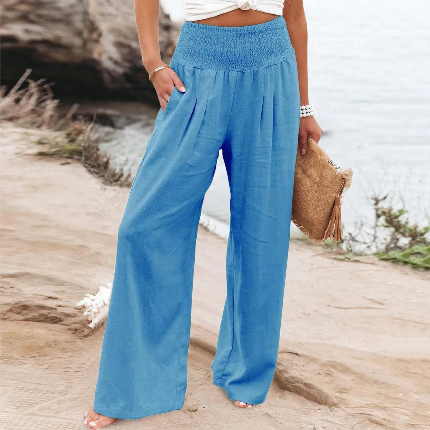 Women Summer Wide Leg Pants Cotton Linen Elastic High Waisted Palazzo Trousers Casual Loose Solid Straight Wide Leg Pants