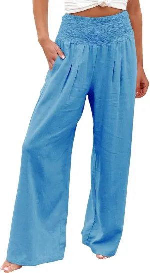 Women Summer Wide Leg Pants Cotton Linen Elastic High Waisted Palazzo Trousers Casual Loose Solid Straight Wide Leg Pants