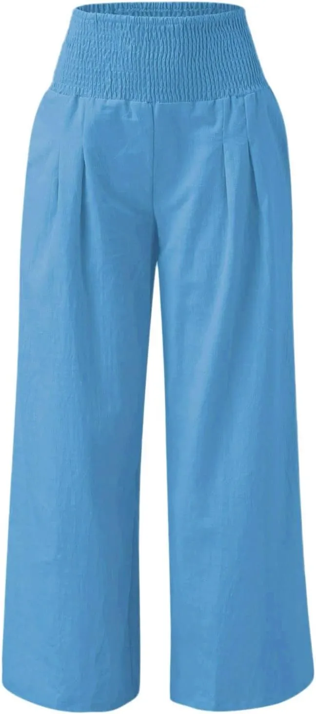 Women Summer Wide Leg Pants Cotton Linen Elastic High Waisted Palazzo Trousers Casual Loose Solid Straight Wide Leg Pants