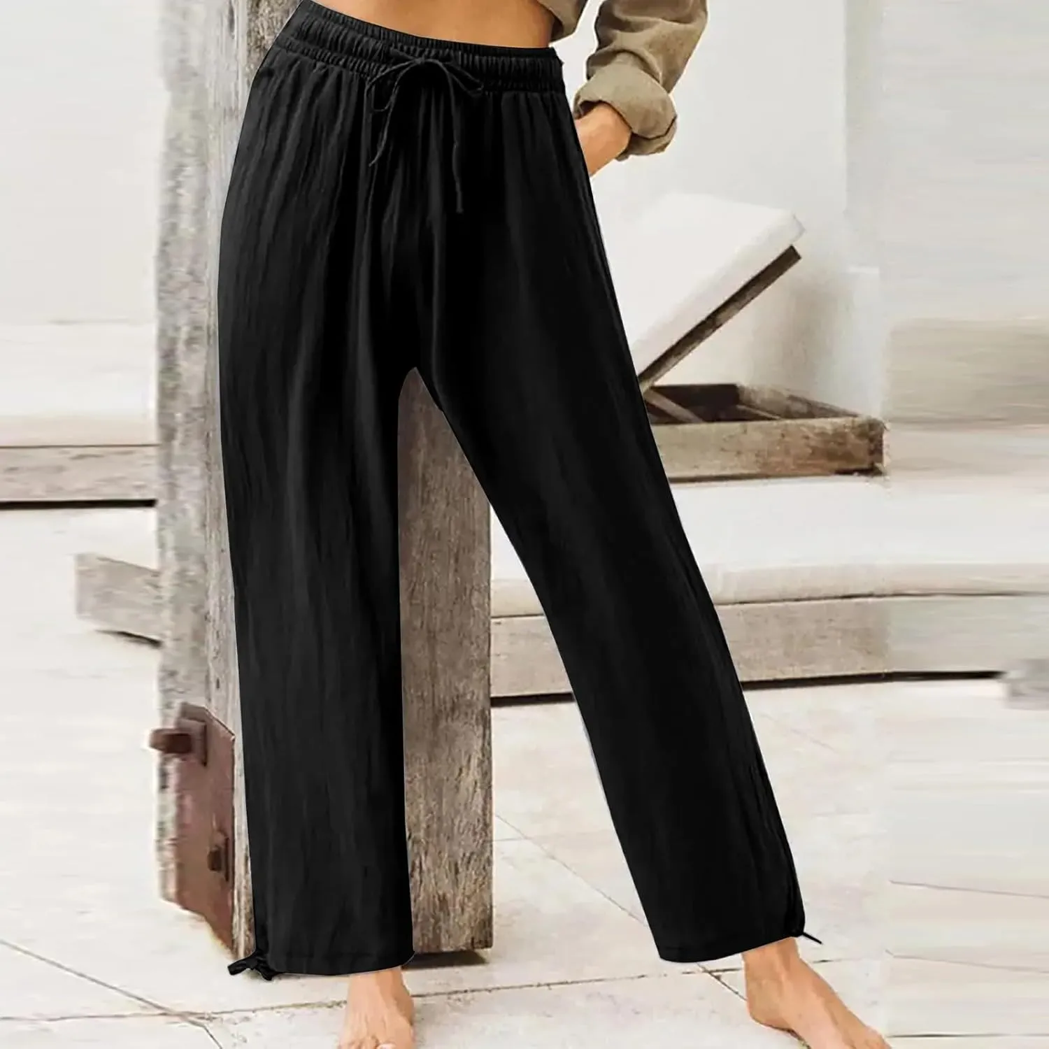 Women's 2024 Casual Wide Leg Pants High Waist Drawstring Loose Fit Trousers Elastic Waist Wide Leg Pants with Pockets
