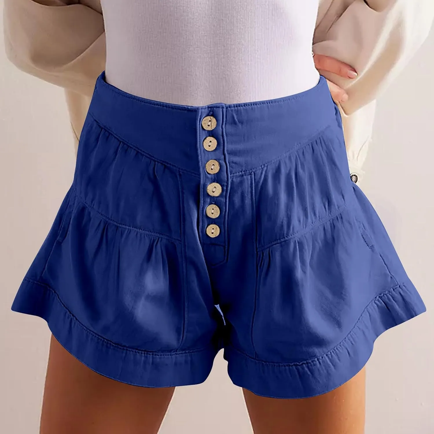 Women's 2025 Fashion Shorts Summer High Waist Flowy Wide Leg Buttons Pleated Short Pants Casual Loose Pleated Shorts