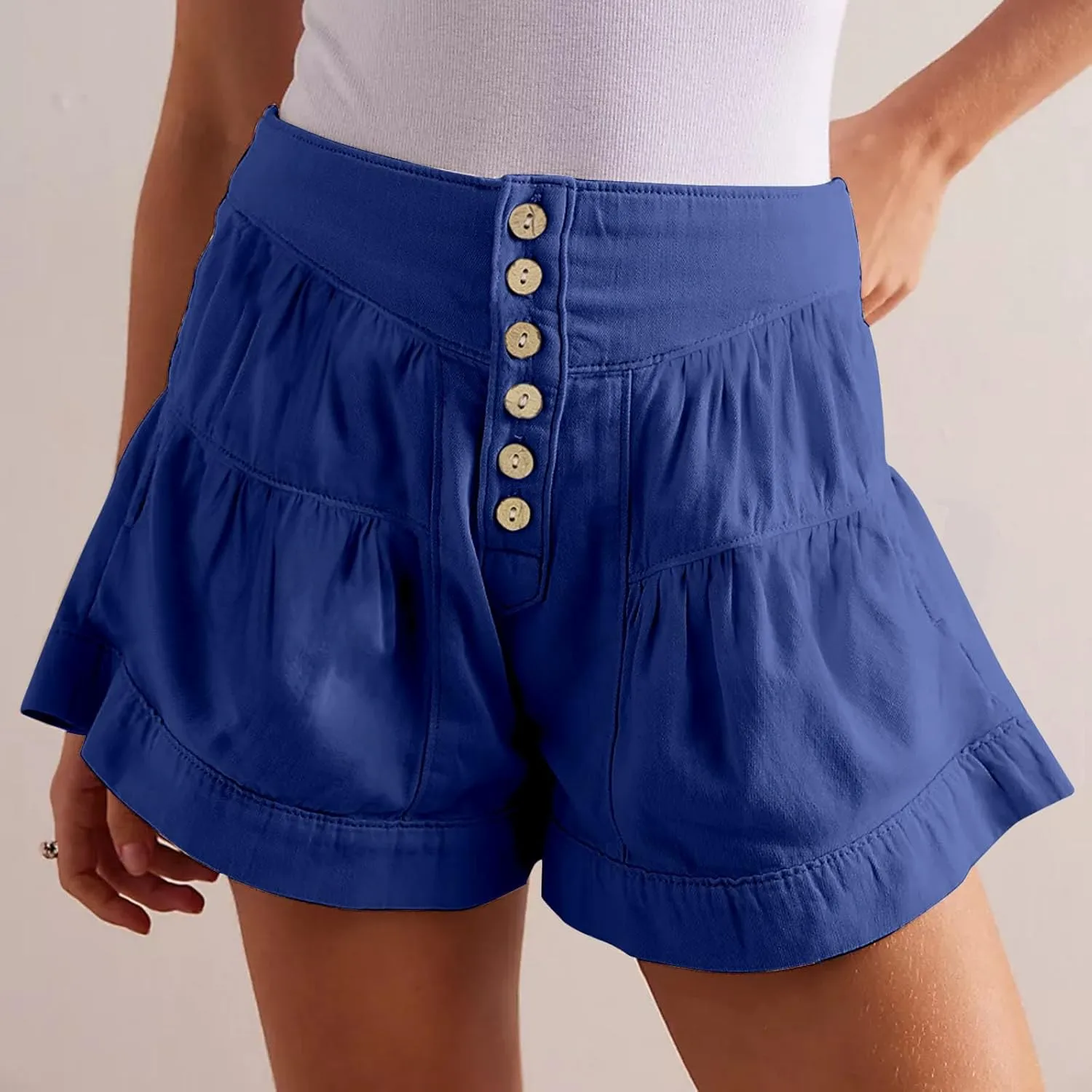 Women's 2025 Fashion Shorts Summer High Waist Flowy Wide Leg Buttons Pleated Short Pants Casual Loose Pleated Shorts