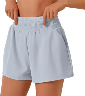 Women's Athletic Shorts High Waisted Pure Color Running Short Pants Summer Loose Gym Elastic Workout Shorts with Liner