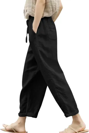 Womens Beach Pants Linen Casual High Waisted Elastic Drawstring Trousers Cotton Straight Leg Loose Summer Bottoms