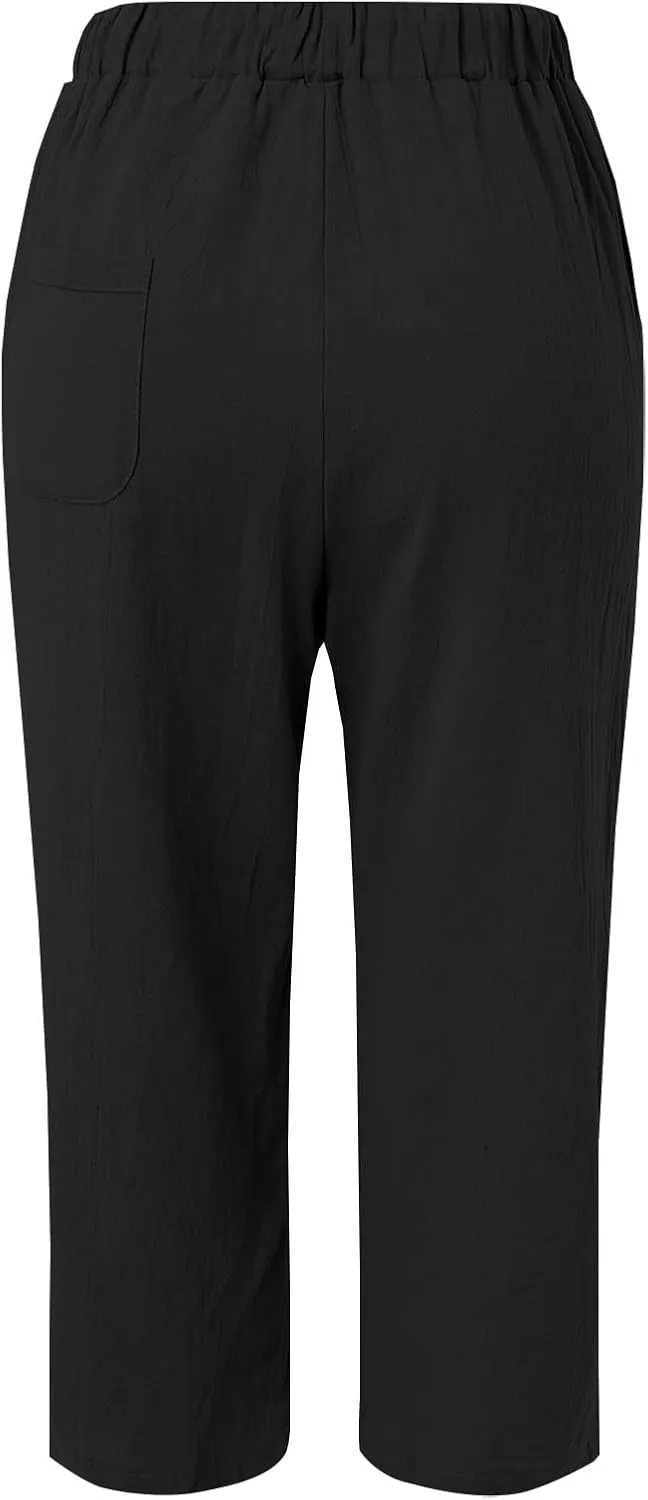 Womens Beach Pants Linen Casual High Waisted Elastic Drawstring Trousers Cotton Straight Leg Loose Summer Bottoms