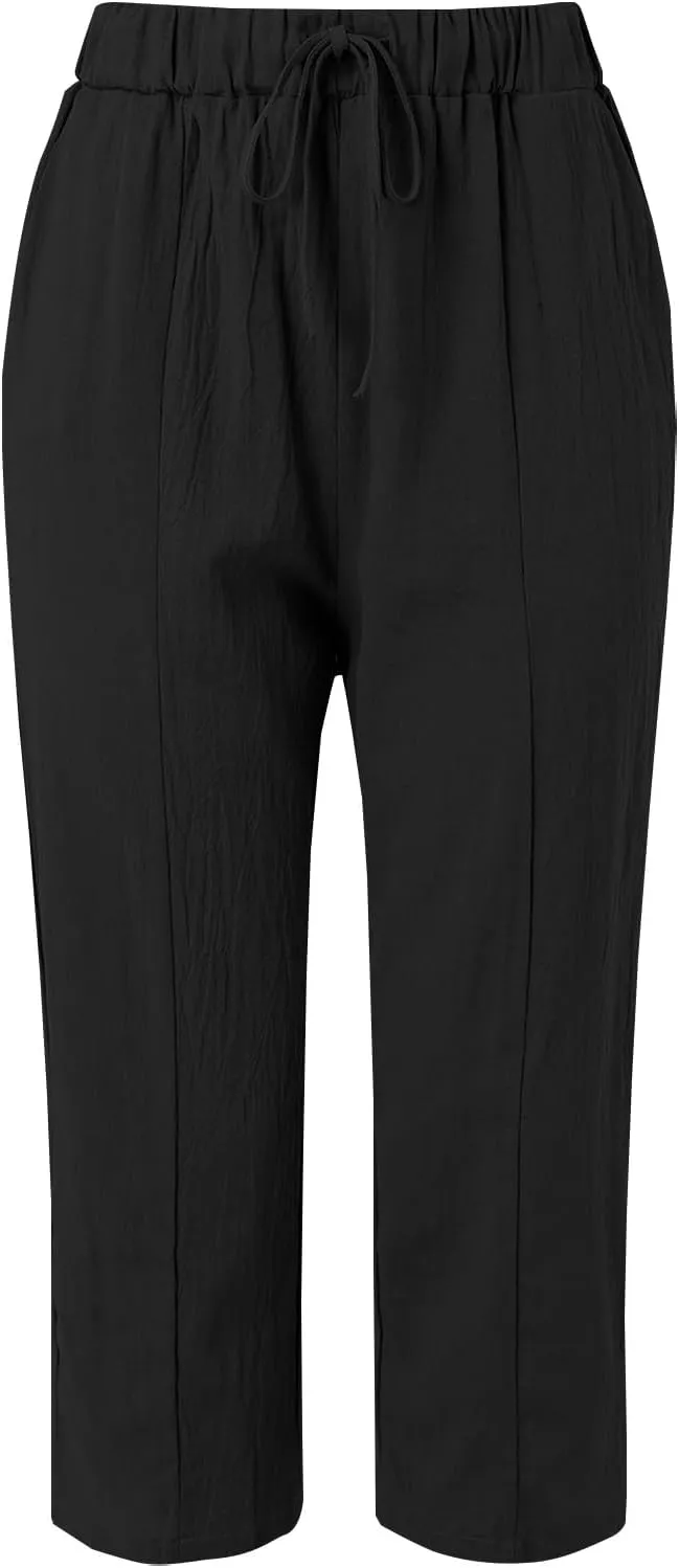 Womens Beach Pants Linen Casual High Waisted Elastic Drawstring Trousers Cotton Straight Leg Loose Summer Bottoms