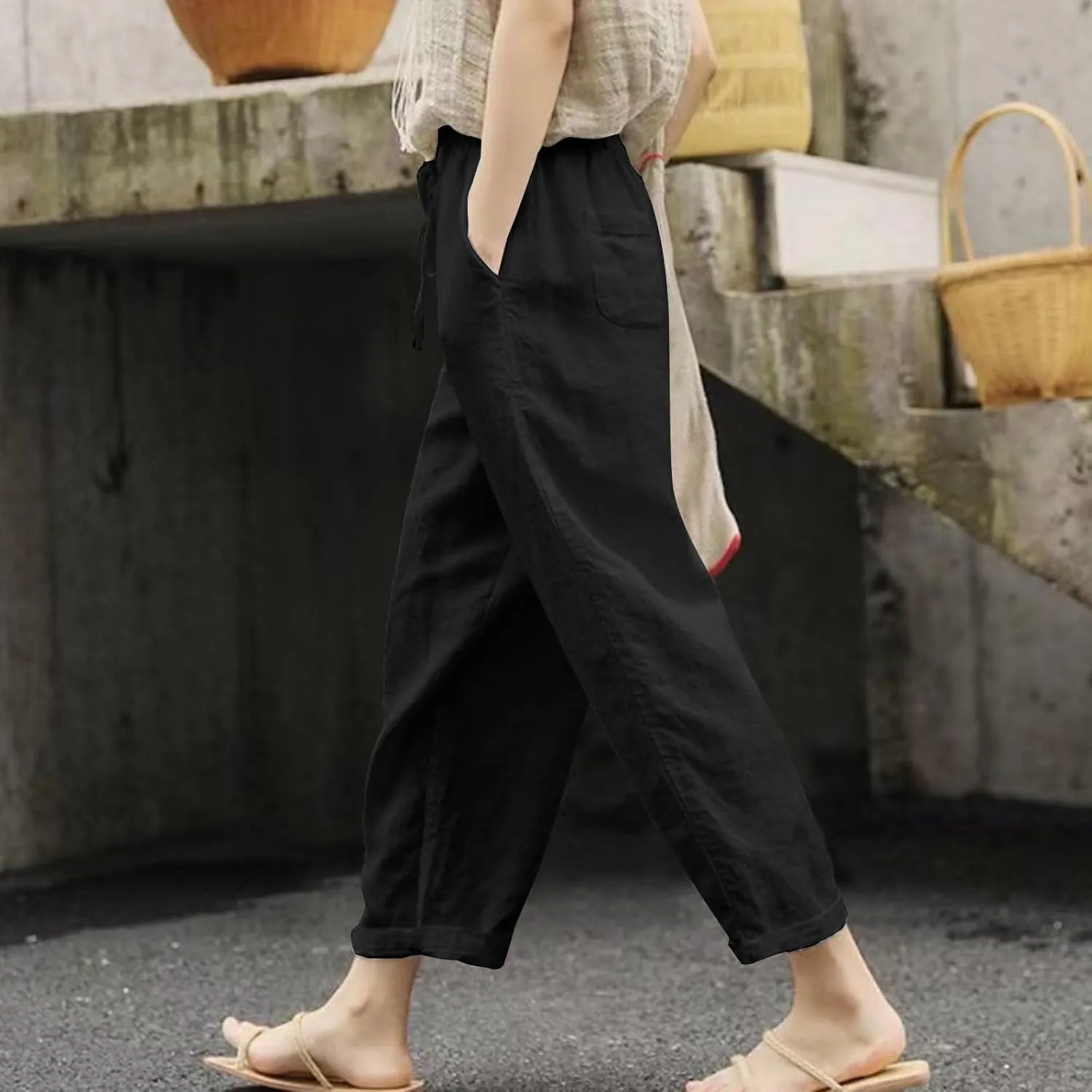 Womens Beach Pants Linen Casual High Waisted Elastic Drawstring Trousers Cotton Straight Leg Loose Summer Bottoms