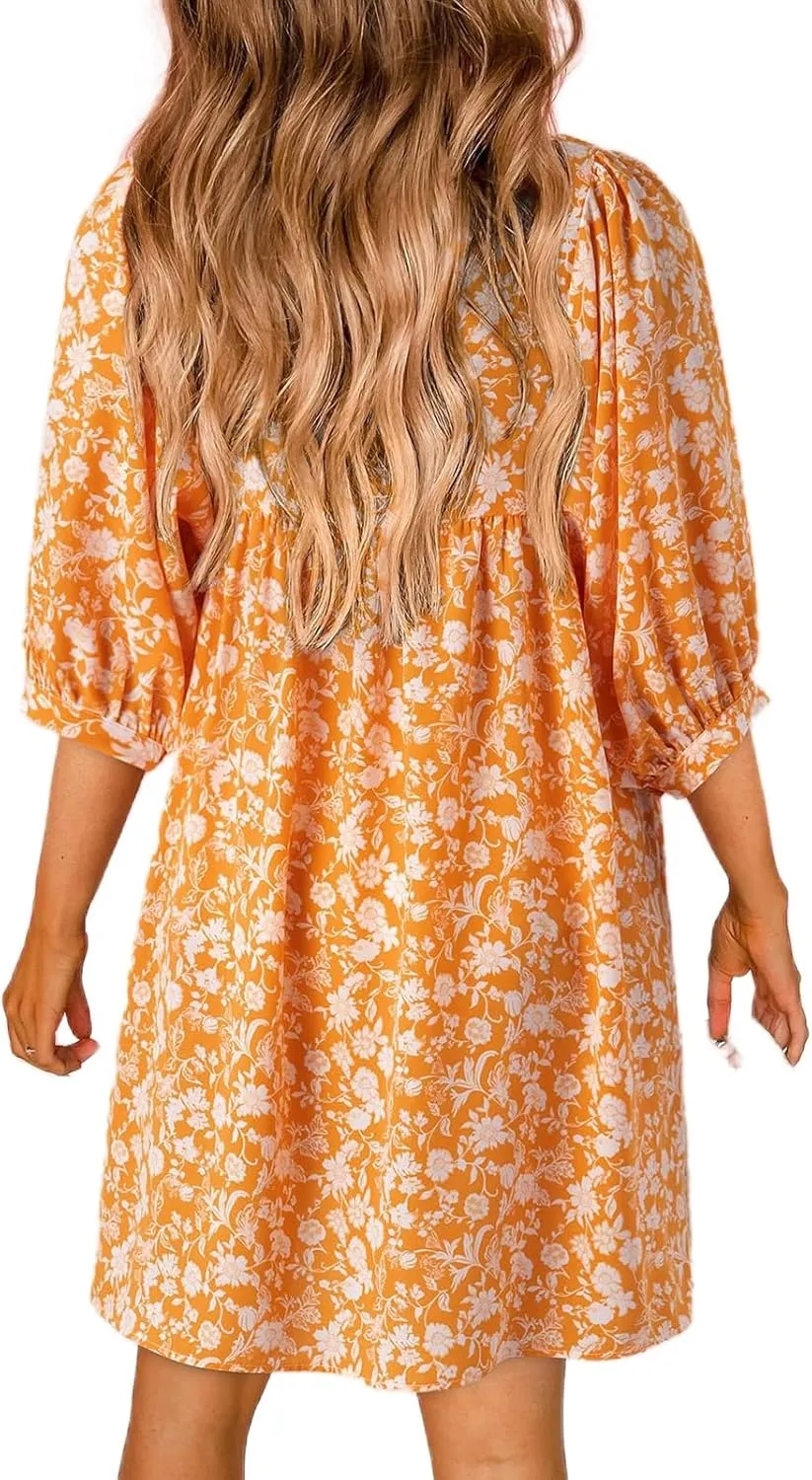 Womens Boho Dresses Summer Casual 3/4 Lantern Sleeve V Neck Babydoll Mini Dress Beach Vacation Shift Sundress