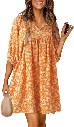 Womens Boho Dresses Summer Casual 3/4 Lantern Sleeve V Neck Babydoll Mini Dress Beach Vacation Shift Sundress