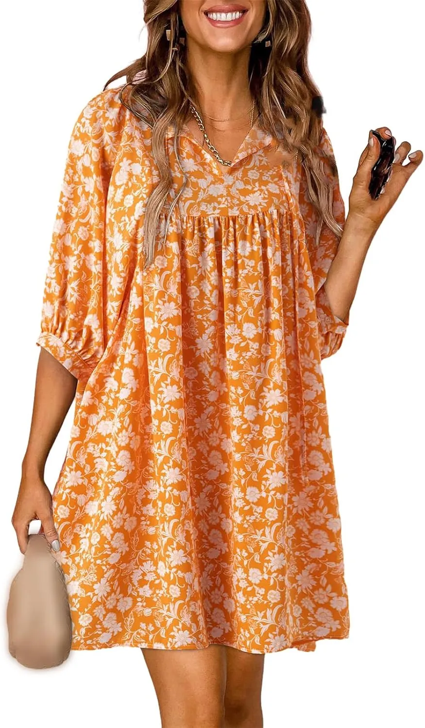 Womens Boho Dresses Summer Casual 3/4 Lantern Sleeve V Neck Babydoll Mini Dress Beach Vacation Shift Sundress