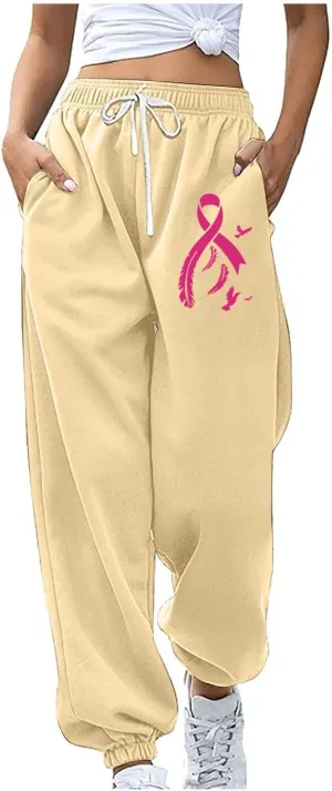 Womens Breast Cancer Awareness Sweatpants Pink Ribbon Print High Wasited Trousers Baggy Workout Active Jogger Pants