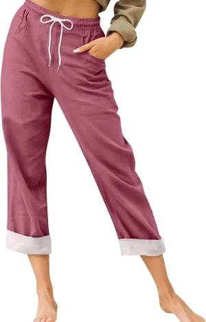 Womens Capris for Summer Cotton Linen Pants Casual 2025 Loose Comfy Trendy Elastic Waist Cropped Trouser Plus Size