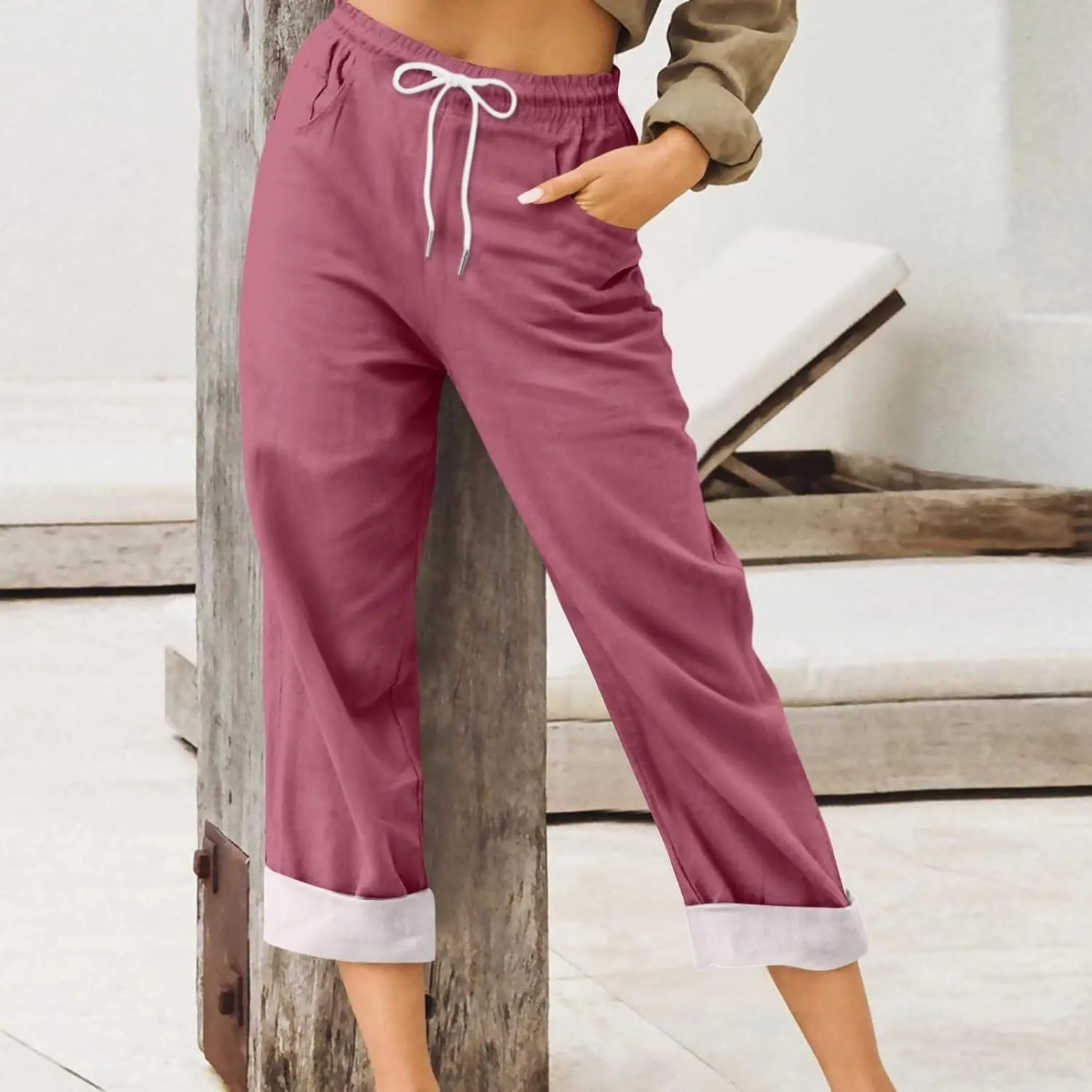 Womens Capris for Summer Cotton Linen Pants Casual 2025 Loose Comfy Trendy Elastic Waist Cropped Trouser Plus Size