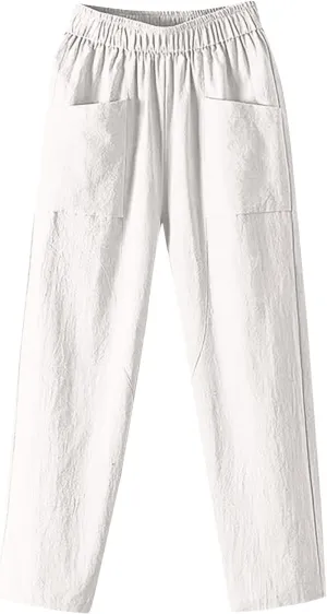 Womens Cargo Pants, Summer Casual Straight Leg Pants Peasant Linen Drawstring High