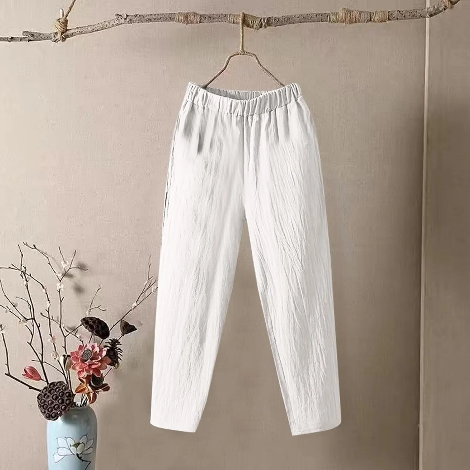 Womens Cargo Pants, Summer Casual Straight Leg Pants Peasant Linen Drawstring High