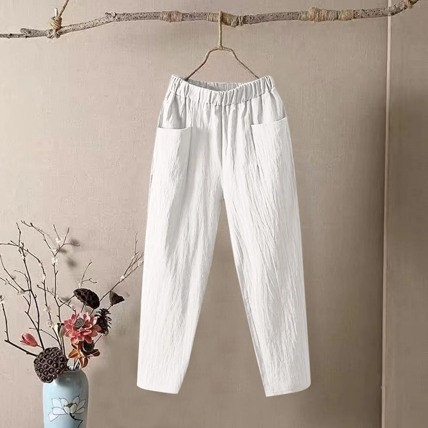 Womens Cargo Pants, Summer Casual Straight Leg Pants Peasant Linen Drawstring High