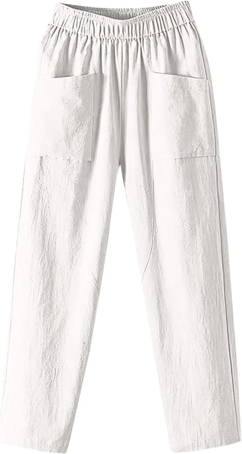 Womens Cargo Pants, Summer Casual Straight Leg Pants Peasant Linen Drawstring High