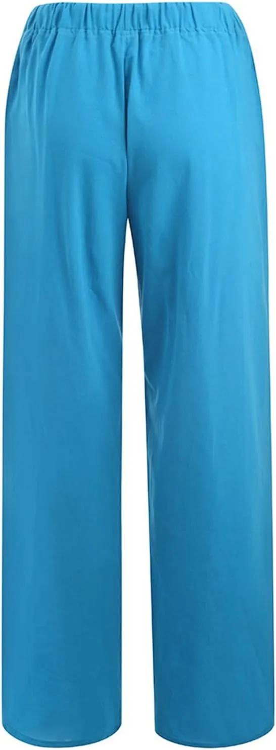 Women's Casual Cotton Linen Pants Summer Plus Size Elastic Waist Wide Leg Comfy Solid Lounge Trouser with Pockets