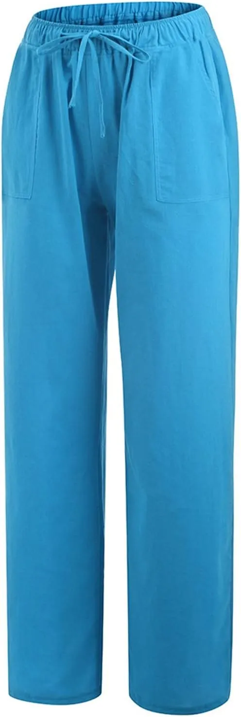 Women's Casual Cotton Linen Pants Summer Plus Size Elastic Waist Wide Leg Comfy Solid Lounge Trouser with Pockets