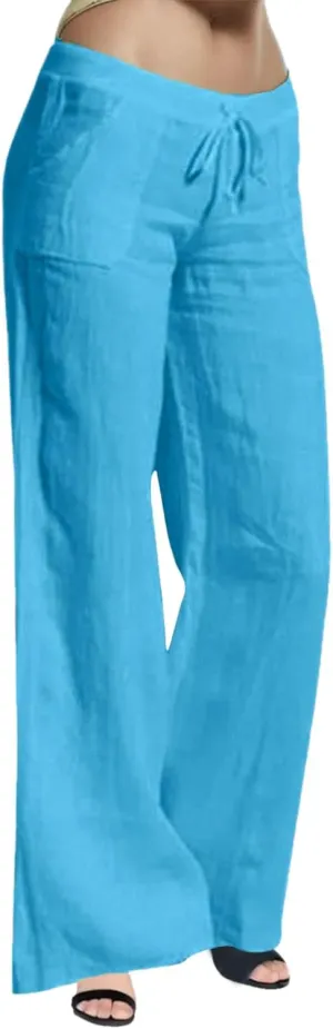 Women's Casual Cotton Linen Pants Summer Plus Size Elastic Waist Wide Leg Comfy Solid Lounge Trouser with Pockets