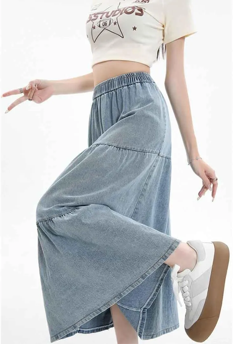 Women's casual denim long skirt with elastic waist A-line skirt, fashionable loose fitting long skirt