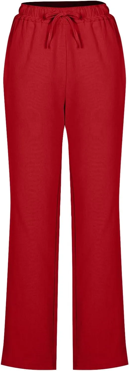 Womens Casual Linen High Waist Pants Drawstring Loose Fit Summer Pants Solid Trousers with Side Pockets