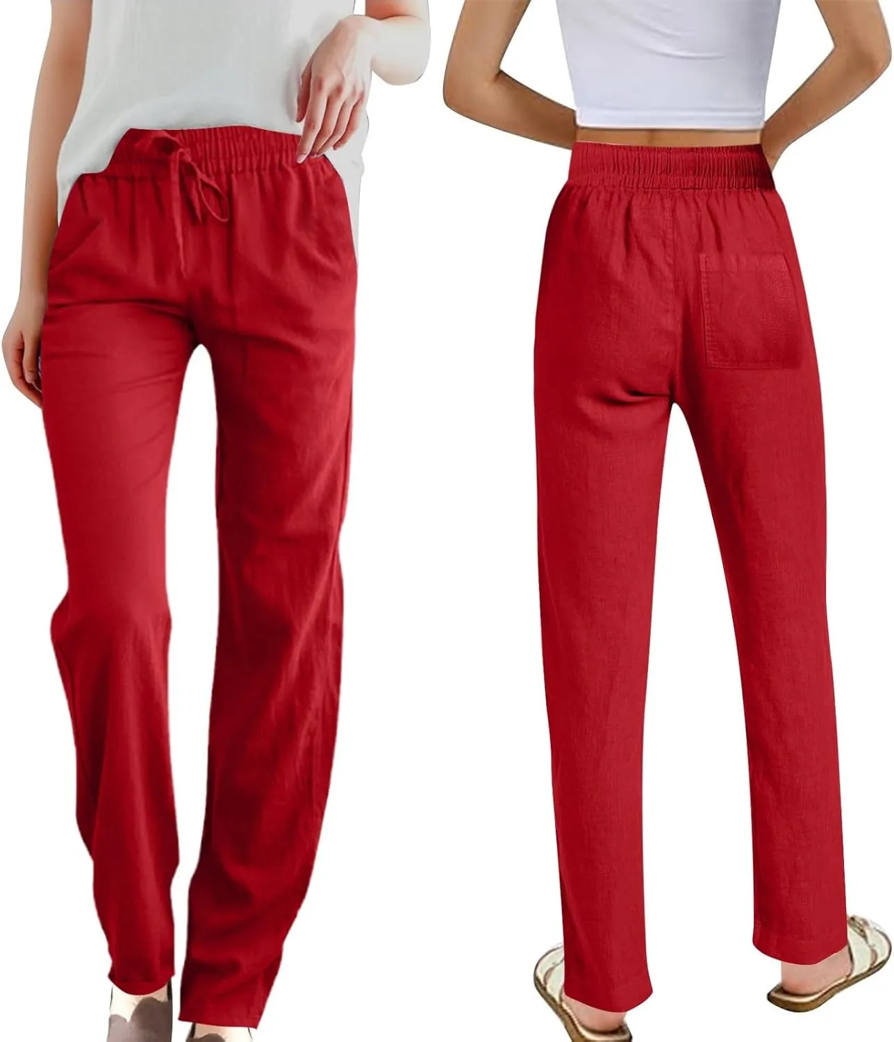 Womens Casual Linen High Waist Pants Drawstring Loose Fit Summer Pants Solid Trousers with Side Pockets