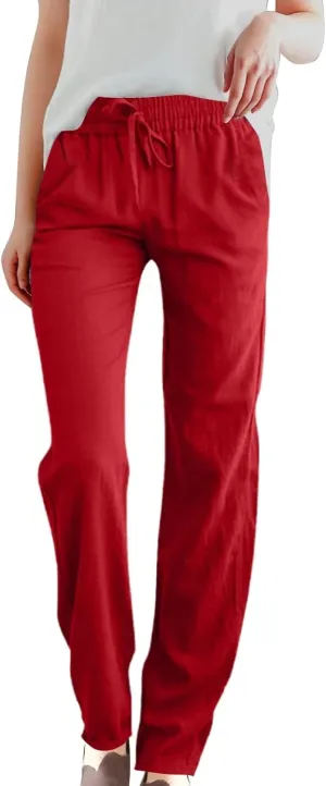 Womens Casual Linen High Waist Pants Drawstring Loose Fit Summer Pants Solid Trousers with Side Pockets