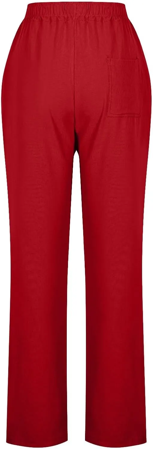 Womens Casual Linen High Waist Pants Drawstring Loose Fit Summer Pants Solid Trousers with Side Pockets
