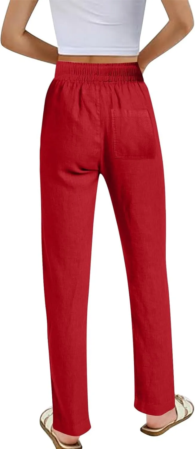 Womens Casual Linen High Waist Pants Drawstring Loose Fit Summer Pants Solid Trousers with Side Pockets