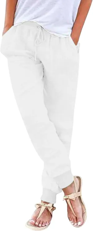 Womens Casual Pants Summer Linen Joggers Straight Leg Comfy Elastic High Waisted Beach Pants Loose Gauze Pants with Pockets