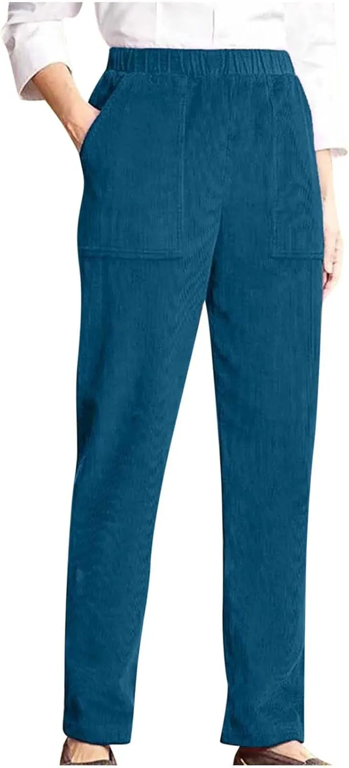 Women's Corduroy Pants High Rise Elastic Waist Straight Leg Pants Pull On Business Casual Trouser with Pockets