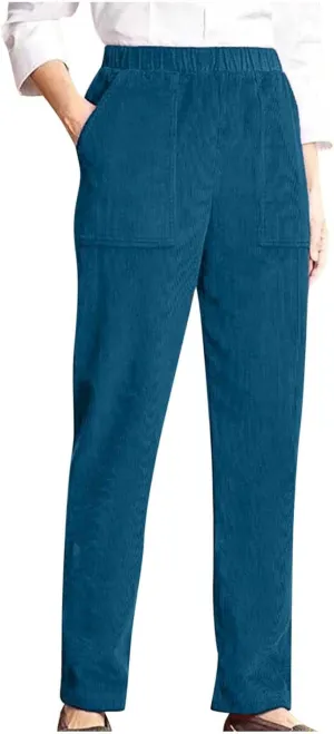 Women's Corduroy Pants High Rise Elastic Waist Straight Leg Pants Pull On Business Casual Trouser with Pockets