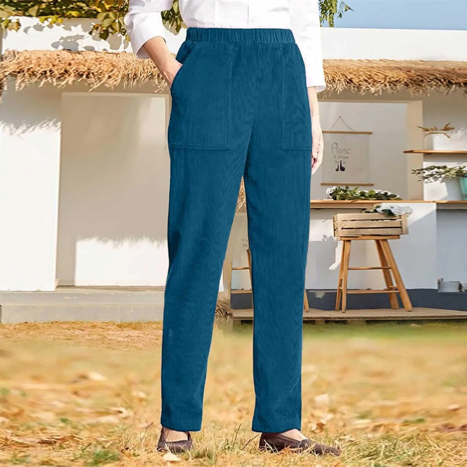 Women's Corduroy Pants High Rise Elastic Waist Straight Leg Pants Pull On Business Casual Trouser with Pockets