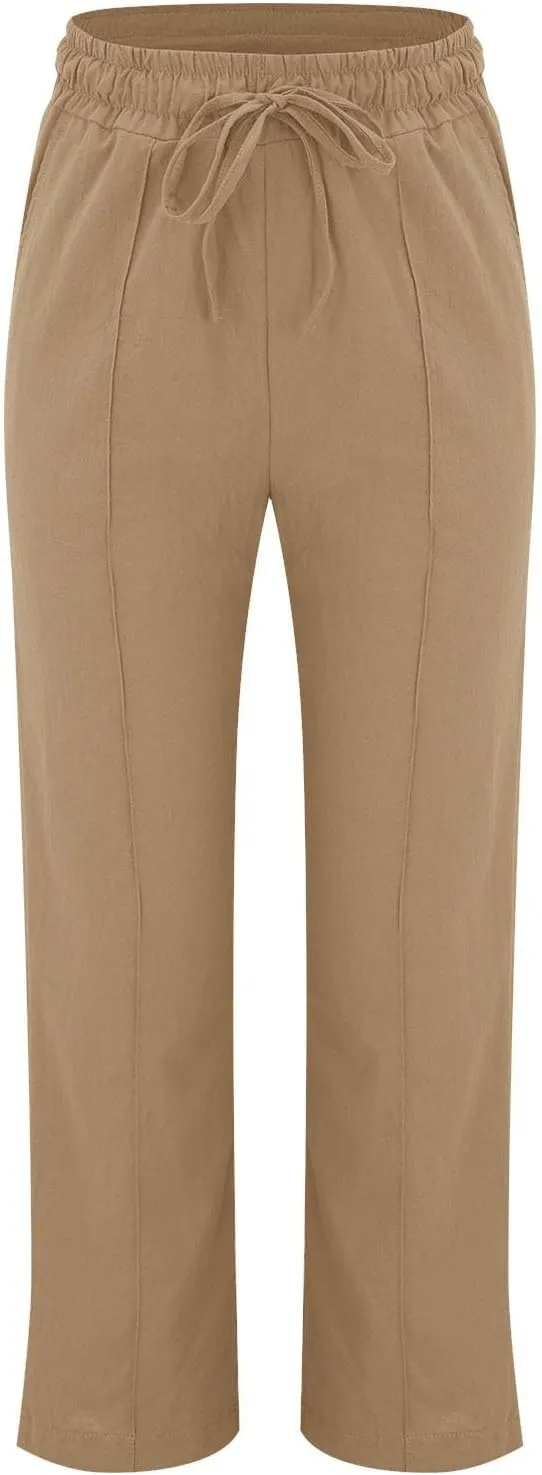 Womens Cotton Linen Baggy Wide Leg Pants Casual Drawstring Elastic Waisted Palazzo Harem Trousers with Pockets