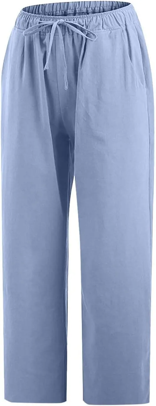 Womens Cotton Linen Capri Pants 2025 Summer Drawstring Elastic High Waist Pant Wide Leg Trouser Beach Cropped Pants