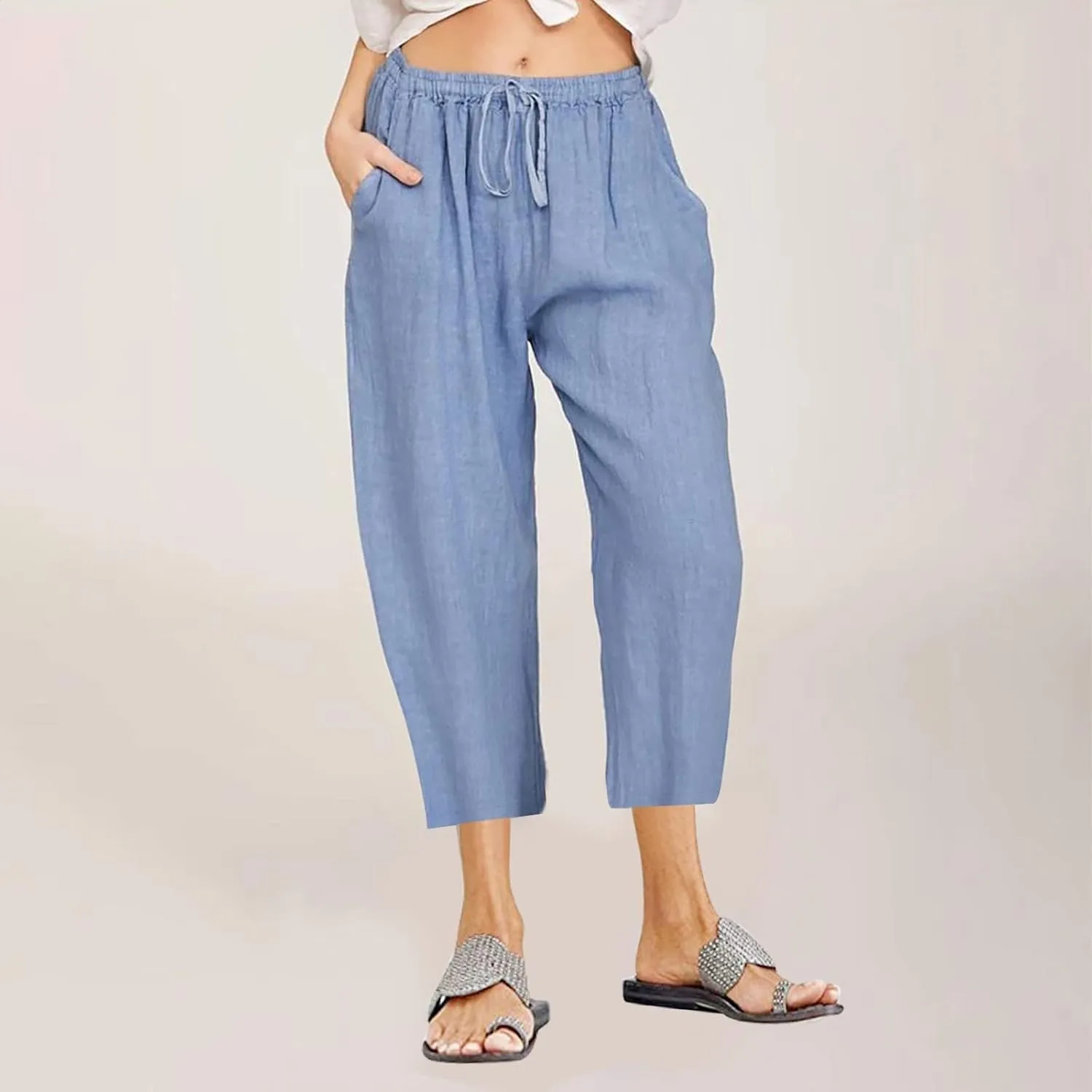 Womens Cotton Linen Capri Pants 2025 Summer Drawstring Elastic High Waist Pant Wide Leg Trouser Beach Cropped Pants
