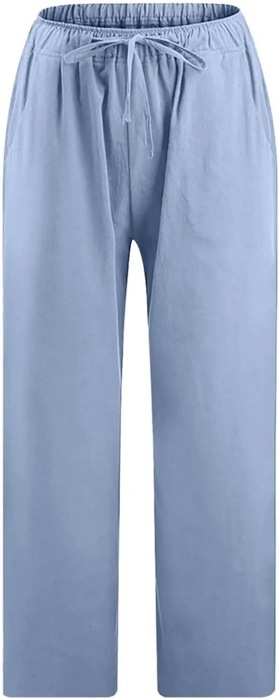 Womens Cotton Linen Capri Pants 2025 Summer Drawstring Elastic High Waist Pant Wide Leg Trouser Beach Cropped Pants