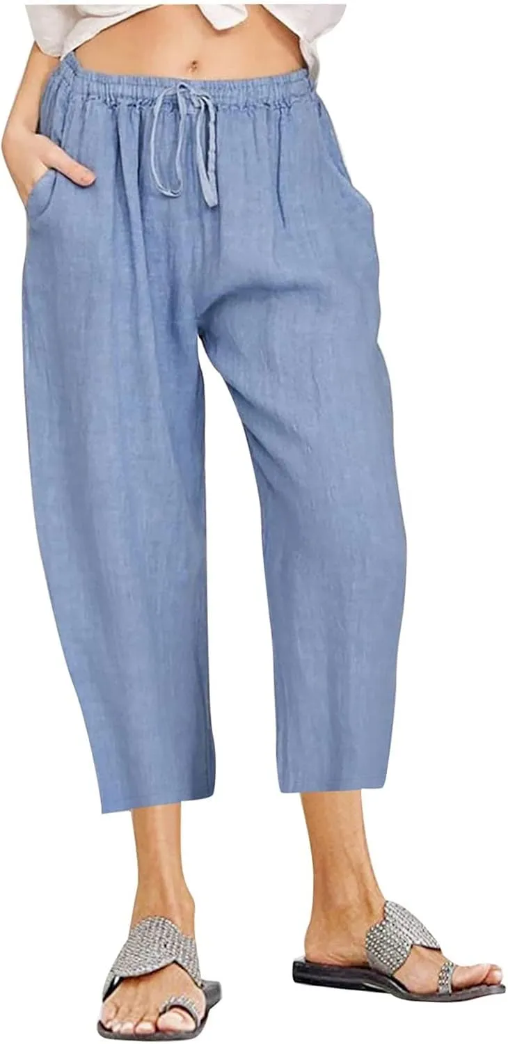 Womens Cotton Linen Capri Pants 2025 Summer Drawstring Elastic High Waist Pant Wide Leg Trouser Beach Cropped Pants