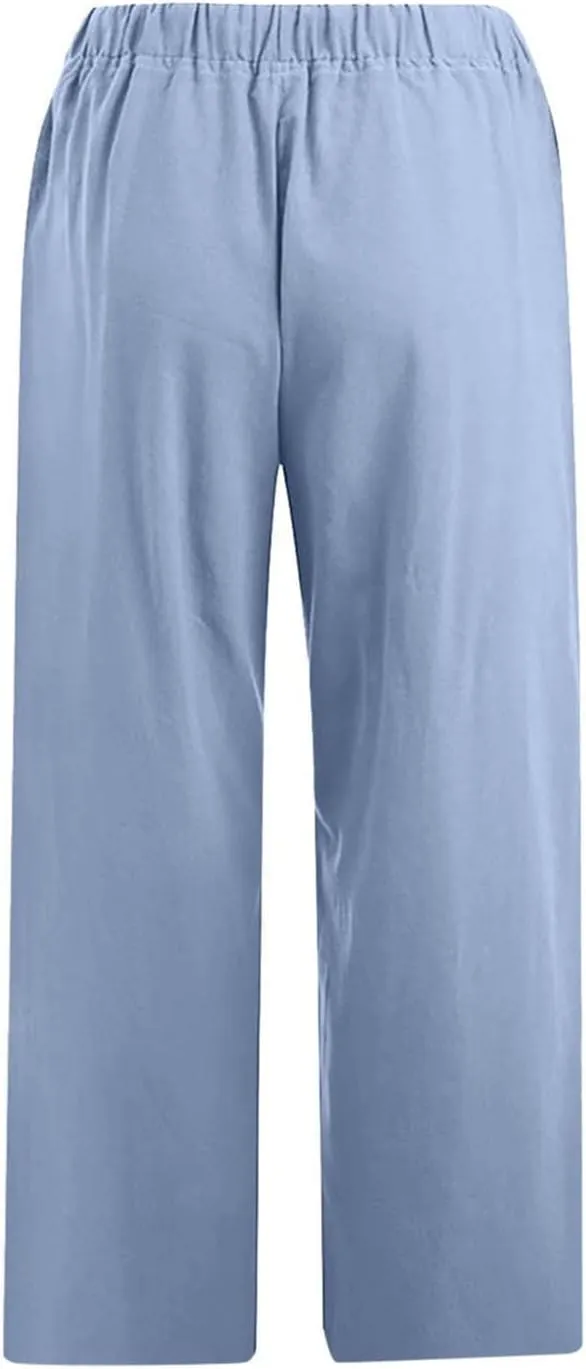 Womens Cotton Linen Capri Pants 2025 Summer Drawstring Elastic High Waist Pant Wide Leg Trouser Beach Cropped Pants