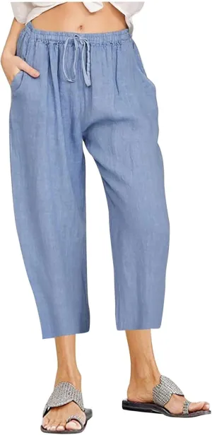 Womens Cotton Linen Capri Pants 2025 Summer Drawstring Elastic High Waist Pant Wide Leg Trouser Beach Cropped Pants