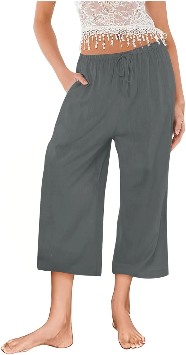 Womens Cotton Linen Casual Pants Elastic High Waisted Wide Leg Pants Drawstring Beach Boho Trousers Summer Outfits