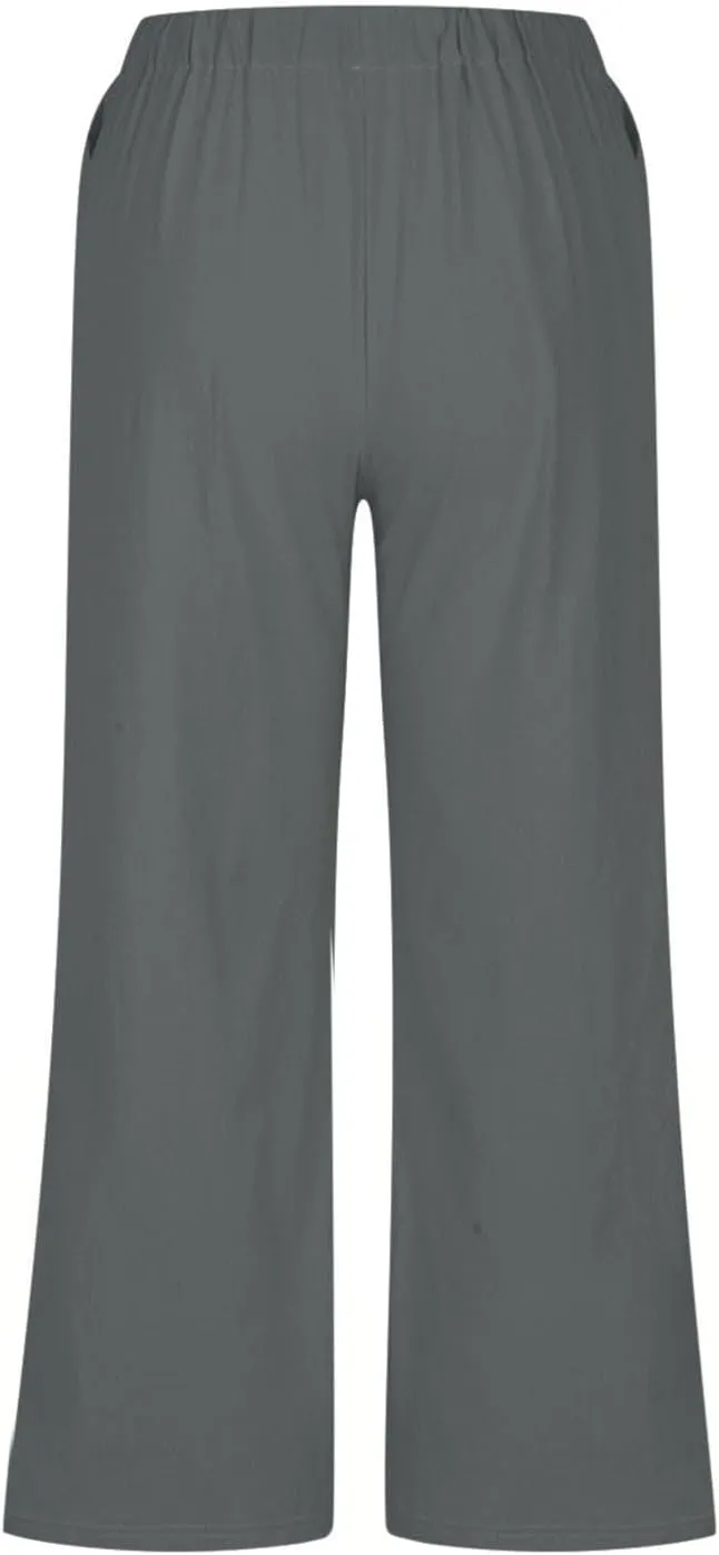 Womens Cotton Linen Casual Pants Elastic High Waisted Wide Leg Pants Drawstring Beach Boho Trousers Summer Outfits