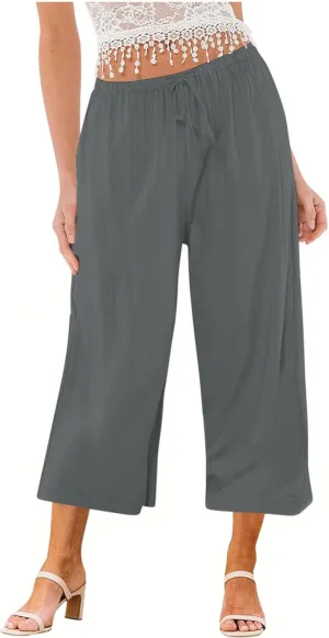 Womens Cotton Linen Casual Pants Elastic High Waisted Wide Leg Pants Drawstring Beach Boho Trousers Summer Outfits