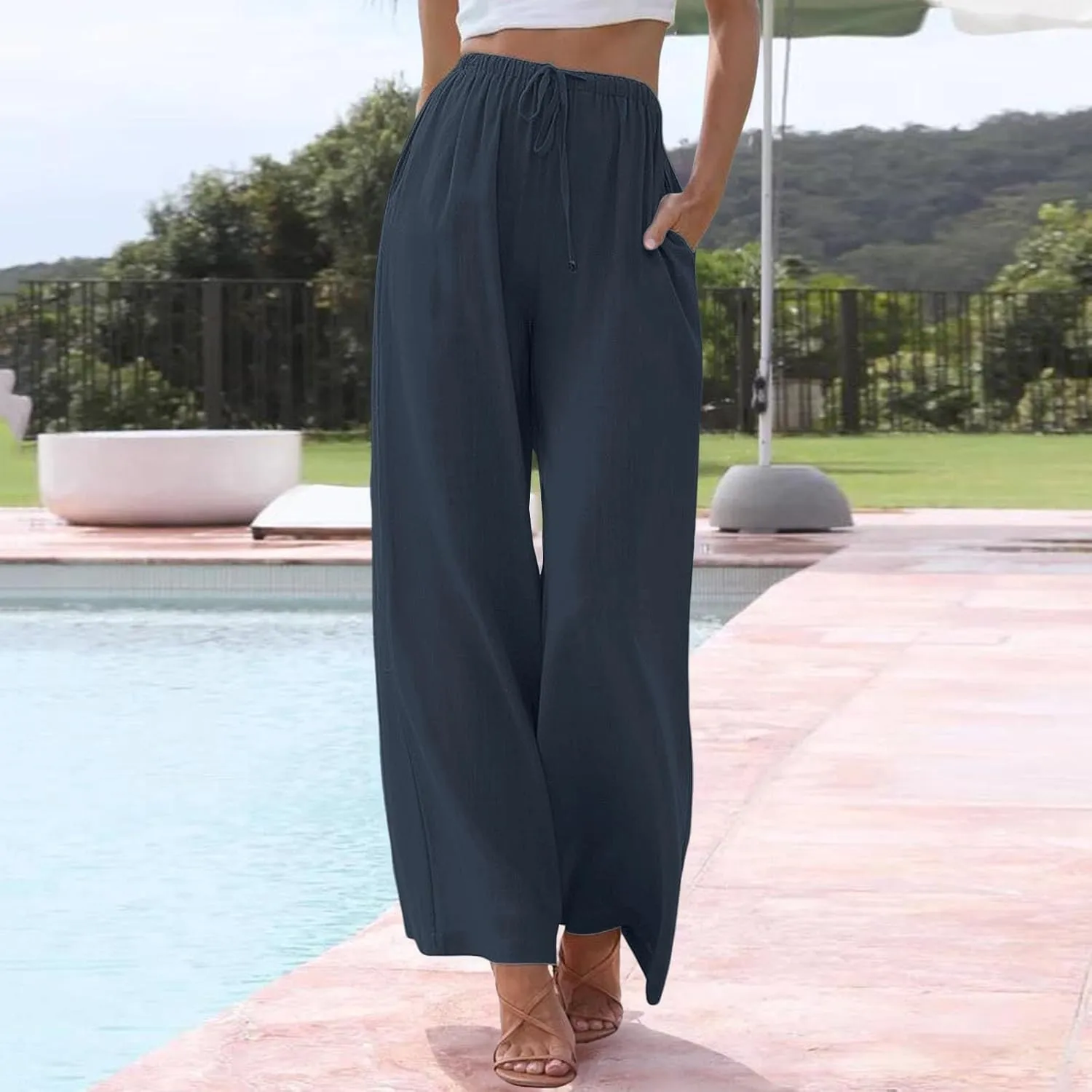 Women's Cotton Linen Pants Baggy Cool Lightweight Summer Hiking Lounge Pants Solid Color Drawstring Wide Leg Trousers