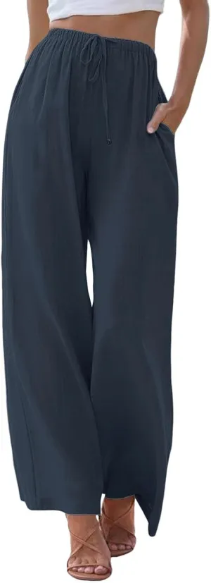 Women's Cotton Linen Pants Baggy Cool Lightweight Summer Hiking Lounge Pants Solid Color Drawstring Wide Leg Trousers