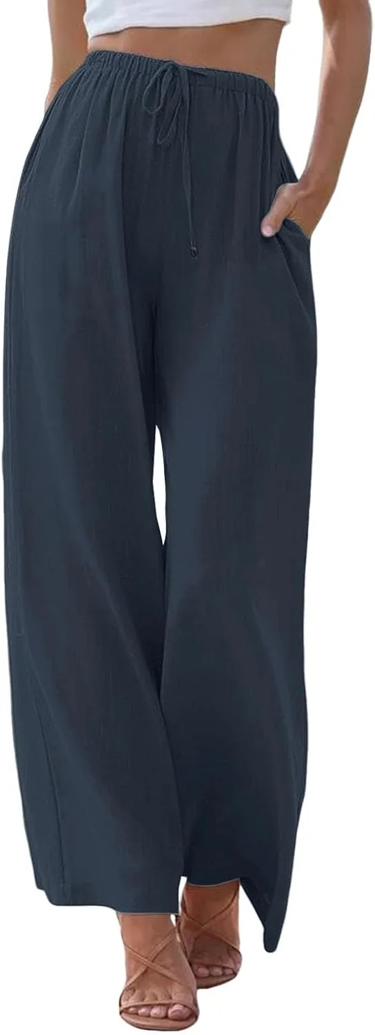 Women's Cotton Linen Pants Baggy Cool Lightweight Summer Hiking Lounge Pants Solid Color Drawstring Wide Leg Trousers