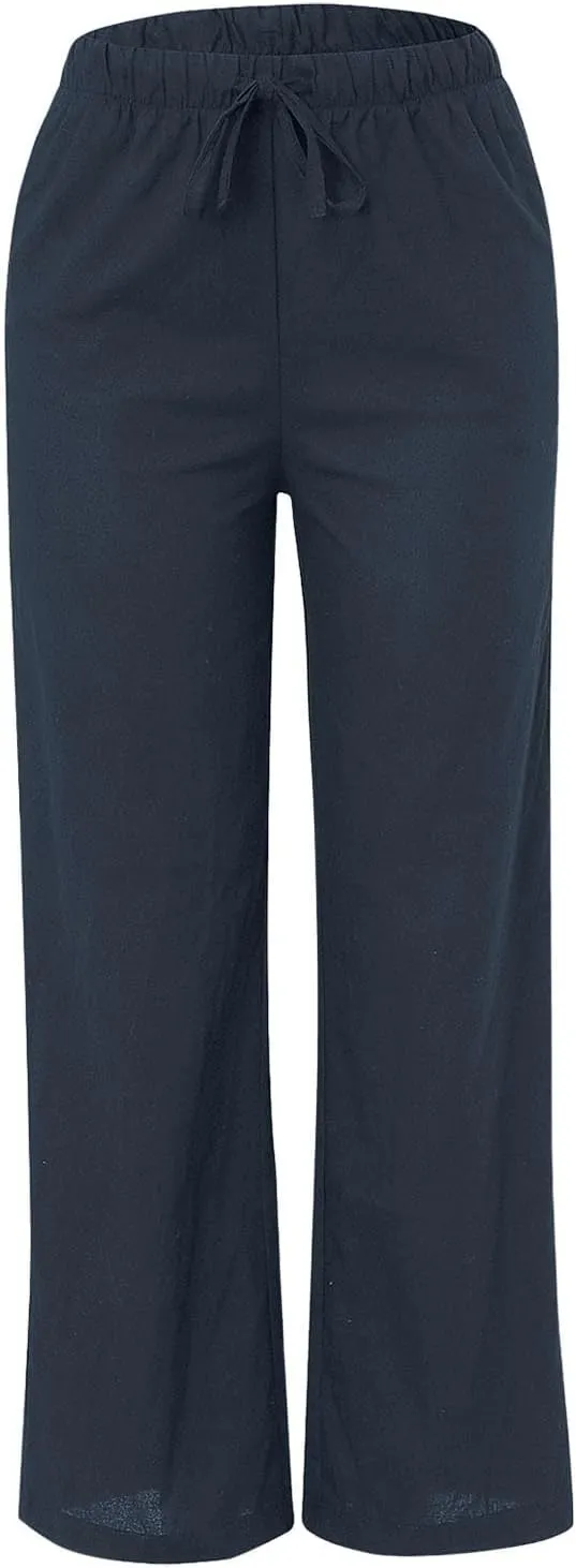 Women's Cotton Linen Pants Baggy Cool Lightweight Summer Hiking Lounge Pants Solid Color Drawstring Wide Leg Trousers