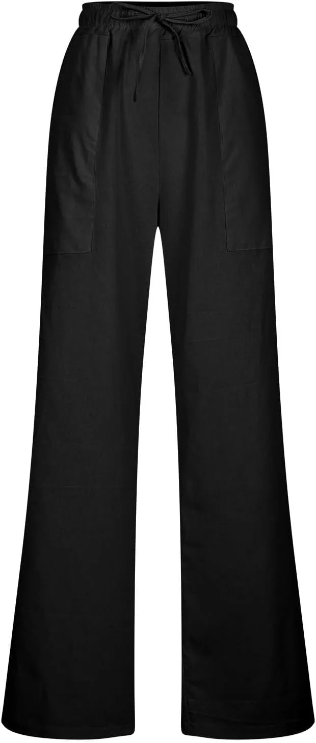 Womens Cotton Linen Pants Solid Color Wide Leg Trousers Casual Elastic High Waisted Slacks with Pockets